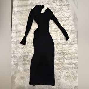 Stretchy Cut Out Long Sleeve Black Maxi - High Neck - S